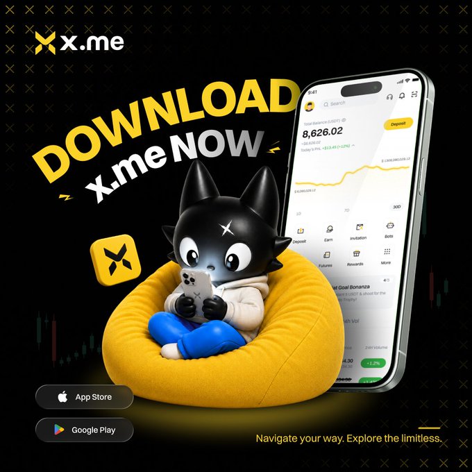 An advertisement for the 'X.me' app features a black cartoon cat character sitting in a yellow beanbag chair looking at a smartphone, with download links for App Store and Google Play.