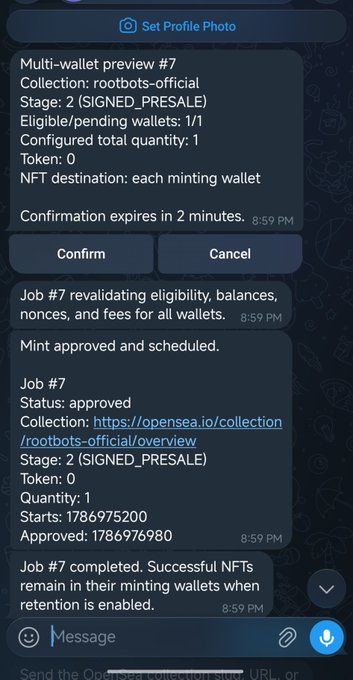 Telegram bot interface confirming a multi-wallet mint preview for the 'rootbots-official' collection (Stage 2 SIGNED_PRESALE), showing successful mint approval with job #7 completed and 1 NFT minted.