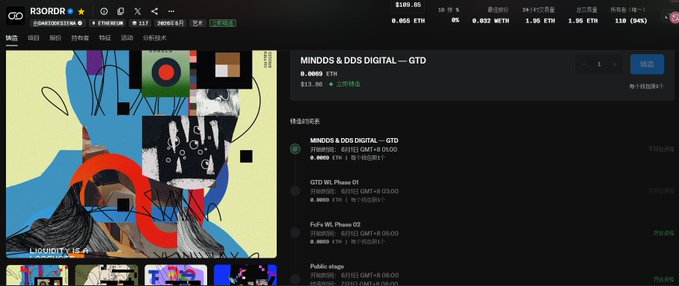 The image shows a computer screen displaying a website called "opensea.io/zh-CN/collecti" with a tab open that has a picture of an abstract art piece, which appears to be a painting or a collage. The website is titled "有白名单记得打", and it seems to be related to the post about Minds Digital - GTD WL.