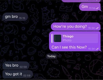 A screenshot of a WhatsApp chat conversation where someone shares a photo and asks 'Can I see this Now?' to which the recipient replies 'Yes bro'.