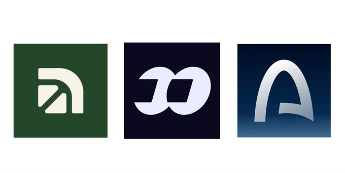 Three cryptocurrency logos displayed in square panels: Arweave (green), Dash (dark blue), and an A-shaped logo (blue gradient).