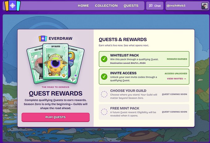A screenshot of the 'EverDraw' web3 platform showing a 'Quest Rewards' page with tasks like 'Whitelist Pack' (reward earned) and 'Invite Access', under the handle @InsikWeb3.