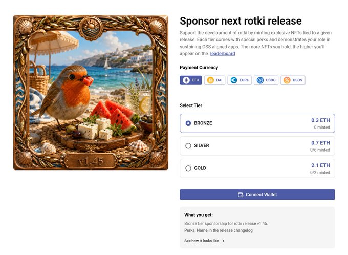 A webpage titled 'Sponsor next rotki release' showing a framed illustration of a robin eating feta and watermelon, with sponsorship tiers of 0.3 ETH (Bronze), 0.7 ETH (Silver), and 2.1 ETH (Gold).
