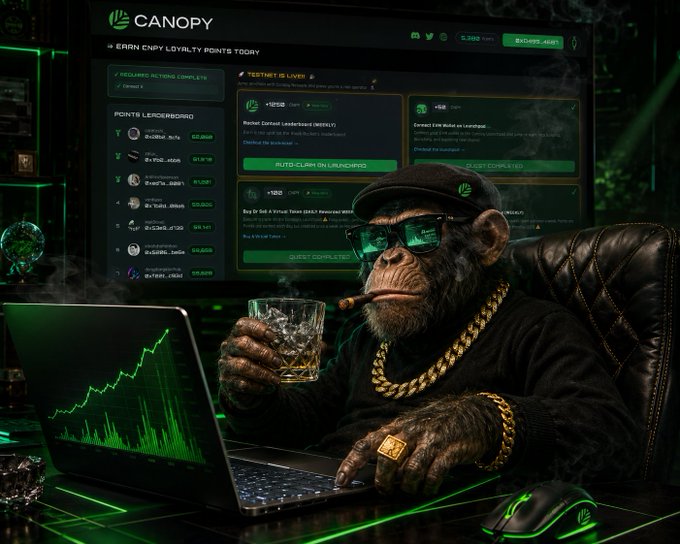 A stylized image of a chimpanzee wearing sunglasses, a black cap, and gold chains, holding a cigar and a glass of whiskey while sitting at a laptop displaying green charts, in front of a 'CANOPY' loyalty points interface.