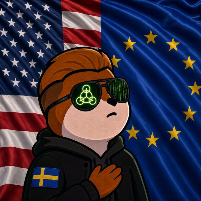 Illustrated cartoon character with orange hair wearing a black hoodie with a Swedish flag patch and sunglasses displaying a green toxic/biohazard symbol, set against a background of the American flag on the left and the European Union flag on the right.