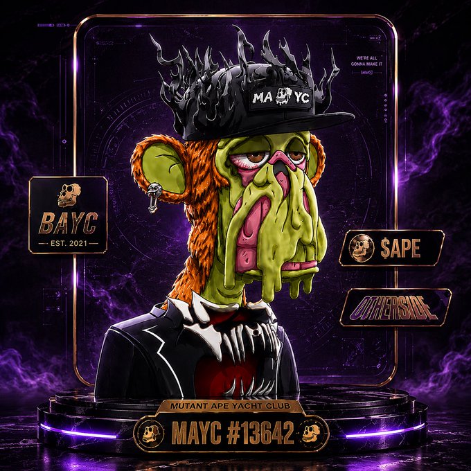 The image features a cartoon character wearing a hat, suit, and tie with a green face painted on its head. The character appears to be a monkey or a mime, depending on the interpretation of the viewer. The background of the image is purple, which adds an artistic touch to the overall presentation. The post includes text that reads "GM frens Happy Mutant Monday BAYC. Otherside. $APE. Mutant energy activated". This suggests that the character might be associated with a particular event or promotion related to the GM frens and mutant energy theme of the post.