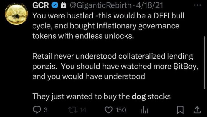 The image shows a Twitter post with a caption that reads "GCR already gave us the play 5 years ago Retailers don't give a fuck about defi, they just wanna buy the dog stocks and I am positioned in the best shiba assets". The caption is written in black text on a white background.