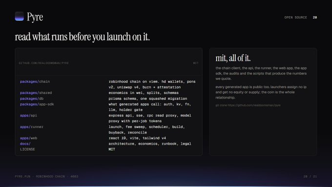 A website screenshot for 'Pyre' with the headline 'read what runs before you launch on it,' showing a list of packages including robinhood chain on view, hd wallets, and apps/api, alongside an MIT license description.