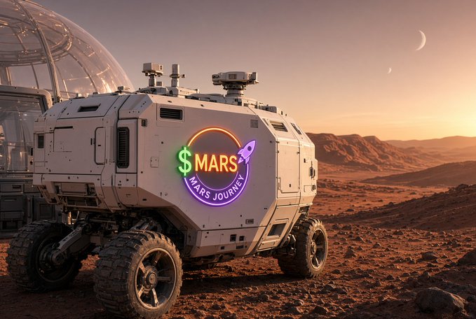 A digital rendering of a white rover vehicle on a reddish Martian landscape with mountains and a domed habitat in the background, featuring a neon-style logo that reads "$MARS - MARS JOURNEY".