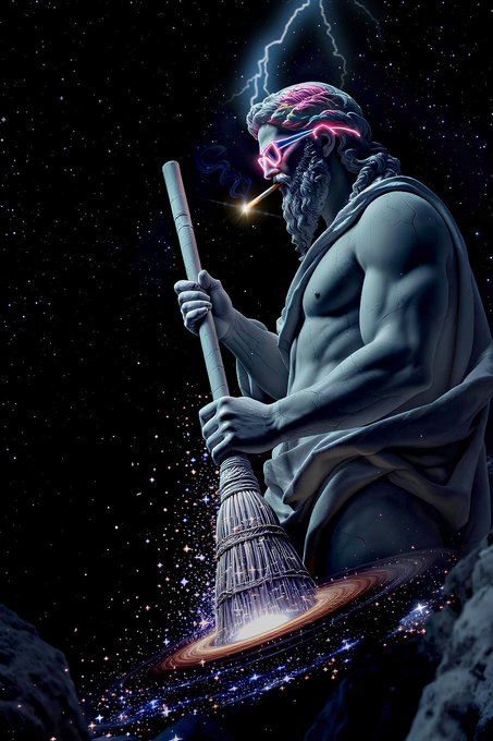 A muscular statue-like figure resembling a classical deity with glowing neon brain and sunglasses holds a broom, sweeping a cosmic galaxy filled with stars and a glowing spiral into dust beneath a stormy lightning-filled sky.