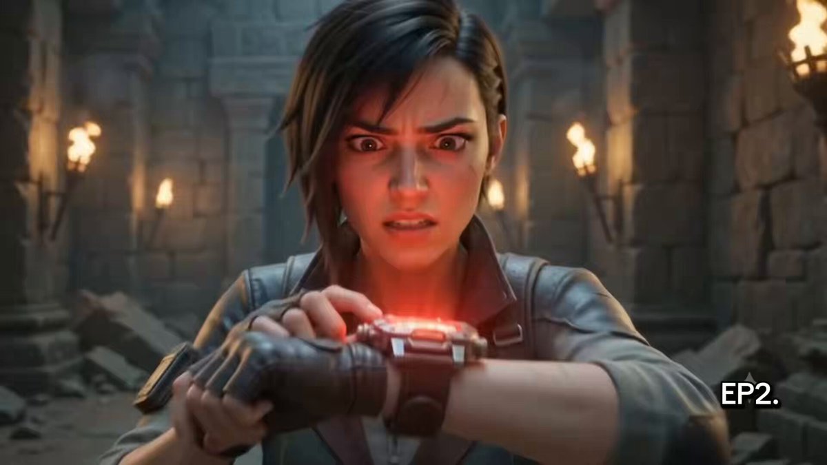 The image features a woman wearing a black leather jacket holding a red light device or a watch that has a glowing red light on it. The caption below the image reads "SECOND EPISODE IS HERE RIGHT NOW THE TIME MACHINE just dropped another one— Marty 2.0 and Doc 88 are taking the chaos to the next level with more timeline heists, meme energy, and absolute fire in this fresh".