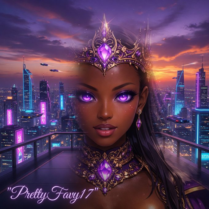 The image features a beautiful black woman with long hair, wearing a crown of jewels and a gold necklace. She appears to be a princess or queen from a fantasy world. The background shows an urban cityscape filled with buildings and neon lights, creating a futuristic atmosphere. The caption below the image reads "Pretty Faby17" in purple text, which is likely a reference to the artist's name or the title of their work.