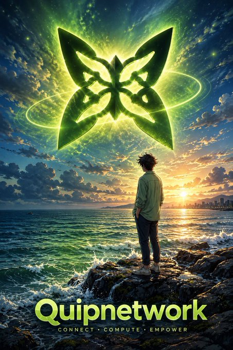 An anime-style illustration of a person standing on rocks by the ocean at sunset, gazing up at a glowing green butterfly logo in the sky, with 'Quipnetwork' branding and tagline 'CONNECT • COMPUTE • EMPOWER'.