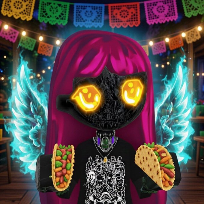 A digital illustration of a Roblox-style avatar with magenta hair, glowing cyan angel wings, and a dark mask with smiley-face eyes, holding two tacos against a backdrop of colorful papel picado banners and string lights.
