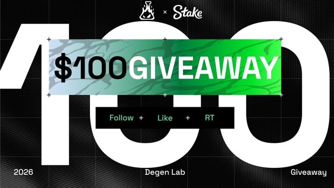 A promotional graphic for a "$1000 GIVEAWAY" sponsored by Stake and Degen Lab, displayed over a bold "100" background in black and green. The image aligns with the post's giveaway announcement, showing the entry requirements "Follow + Like + RT" to participate in the $25×4 prize split.