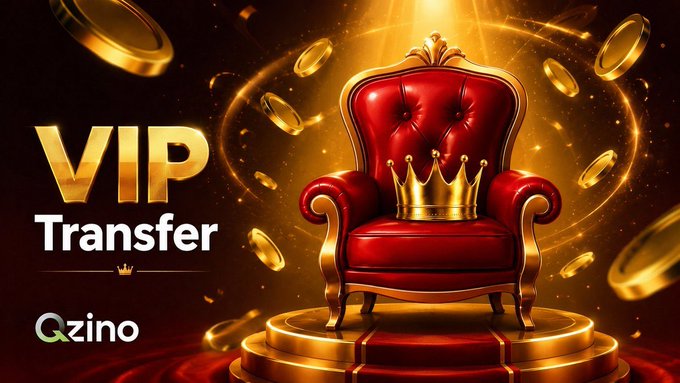 A promotional graphic for 'VIP Transfer' featuring a red and gold throne with a crown, displayed by Qzino.