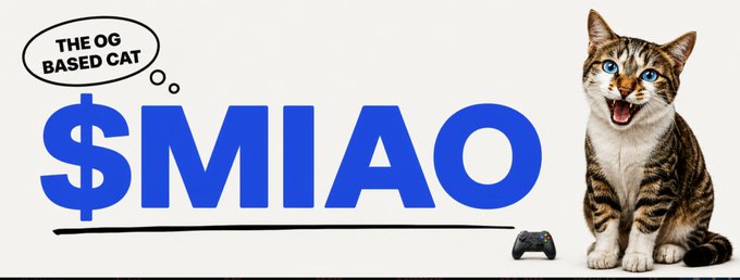A tabby cat with a wide-eyed, excited expression sits next to a game controller beside the bold blue text "$MIAO," with a thought bubble declaring "THE OG BASED CAT." The image visually reinforces the post's argument that $MIAO, despite its low ~$10K market cap compared to other cat-themed tokens like $BASECAT ($24M), $CASHCAT ($230M), and $BNBCAT ($4M), is the original and most hyped feline coin that crypto Twitter has been overlooking.