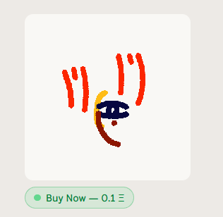A simple digital artwork on a white background showing orange lines above a small blue and yellow shape, with a green 'Buy Now — 0.1' button at the bottom.