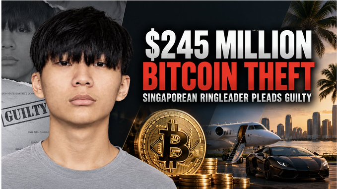 A YouTube thumbnail showing a young man with the text '$245 MILLION BITCOIN THEFT - SINGAPOREAN RINGLEADER PLEADS GUILTY', a 'GUILTY' stamp, a Bitcoin coin, a private jet, and a Lamborghini.