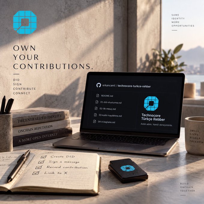 A promotional graphic reading 'OWN YOUR CONTRIBUTIONS. DID SIGN CONTRIBUTE CONNECT' shows a laptop displaying a GitHub repo for 'erkancarli / technocore-turkce-rehber' alongside books titled 'DECENTRALIZED IDENTITY,' 'ONCHAIN REPUTATION,' and 'A MORE OPEN INTERNET.'