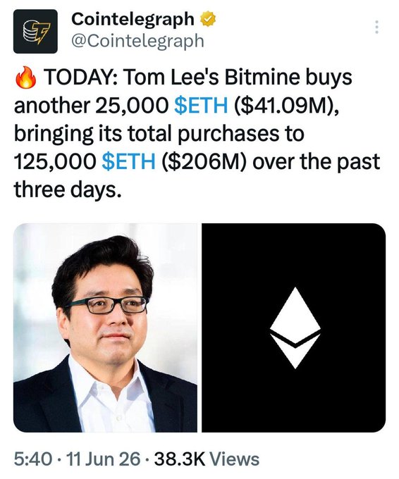 The image shows a photograph of a man with glasses wearing a white shirt sitting in front of a computer screen displaying text on a twitter page. The text reads "Today: Tom Lee's Bitmine sells another 25,000ETH (€41.09m), bringing its total purchases to 125,000ETH!". The main focus is the man with glasses and his involvement in cryptocurrency, specifically Bitmine.