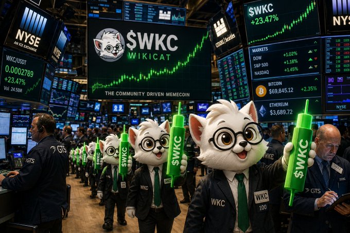 An AI-generated image depicts the New York Stock Exchange trading floor filled with people, large screens showing '$WKC WIKICAT +23.47%' as 'THE COMMUNITY DRIVEN MEMECOIN', and figures wearing white cat masks holding green '$WKC' light sticks.