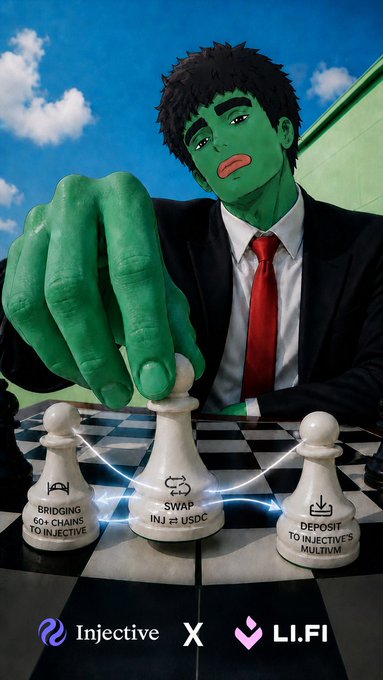 A 3D-rendered character with green skin wearing a black suit and red tie plays chess, with chess pieces labeled 'BRIDGING 60+ CHAINS TO INJECTIVE', 'SWAP INJ ⇄ USDC', and 'DEPOSIT TO INJECTIVE'S MULTI-VM', featuring 'Injective X LI.FI' branding at the bottom.