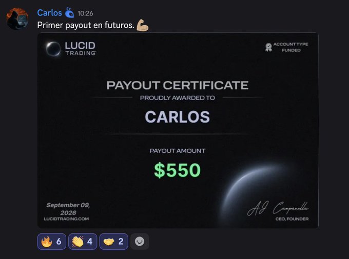 A Discord message screenshot from 'Carlos' showing a 'PAYOUT CERTIFICATE' from LUCID TRADING awarding $550 dated September 09, 2026, with a 'Funded' account type label.