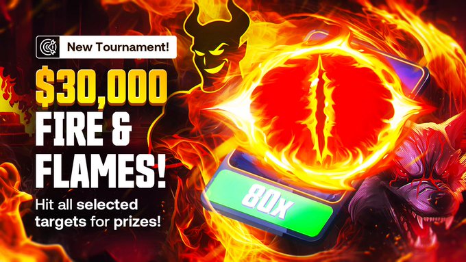 A fiery promotional graphic advertises a "$30,000 FIRE & FLAMES!" tournament, featuring a horned devil character and a glowing "BOX" button amid flames, encouraging players to "Hit all selected targets for prizes!"—visually matching the post's "DAY 12: FIRE & FLAMES" theme of turning up the heat.