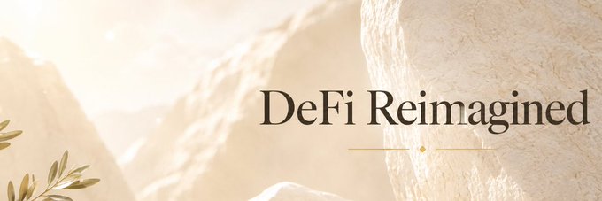A minimalist banner shows the text 'DeFi Reimagined' in serif font against a sandy, beige background with olive branch graphics on the left side.
