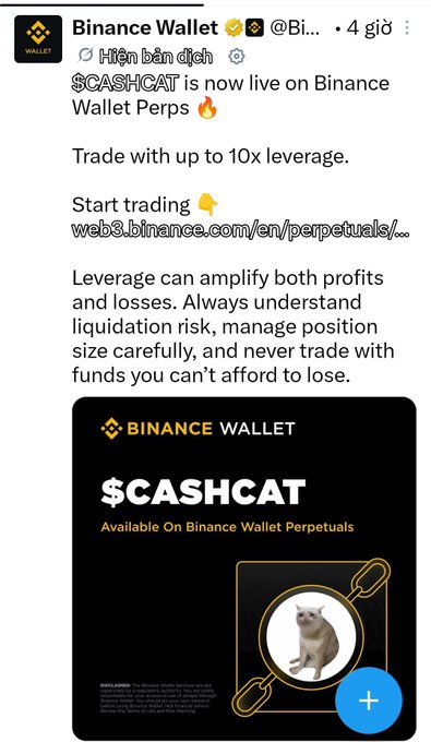 A Binance Wallet Twitter/X post announcing that $CASHCAT is now live on Binance Wallet Perps with up to 10x leverage, featuring a promotional image of a cat.