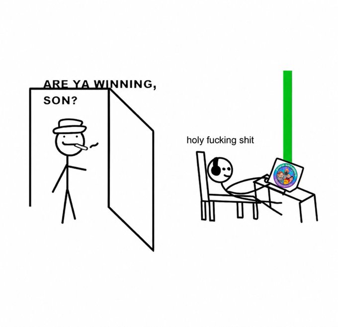 A meme using the "Are ya winning, son?" format shows a dad catching his son in a state of shock ("holy fucking shit") at his computer displaying what appears to be the Solana memecoin logo on a sharply rising green chart, humorously relating to the post's excitement about Solana covering the crypto world and an upcoming episode on trump, hyperliquid, and more.