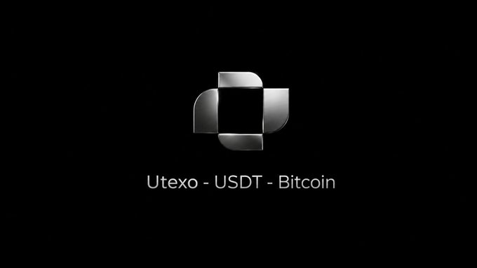 Black background displaying a metallic geometric logo with the text 'Utexo - USDT - Bitcoin' below it.