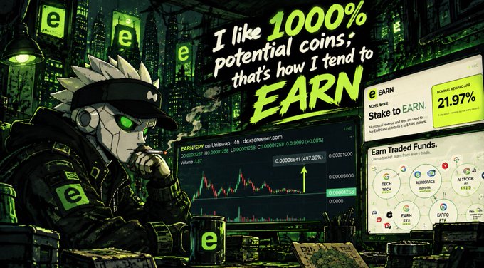 A cyberpunk-style promotional graphic featuring a hooded character with a cybernetic visor, surrounded by screens with charts and the text 'I like 1000% potential coins; that's how I tend to EARN' and 'Stake to EARN. 21.97%'.