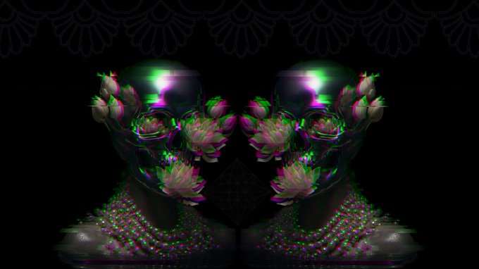 The image features a mirrored, glitch-art arrangement of pink lotus flowers and dark spheres with iridescent highlights, set against a black background with decorative lace-like motifs along the top, evoking the "Glitched Awakening" theme mentioned in the post. It visually complements the caption's spiritual undertone about shared human depth, using the lotus—a symbol of awakening—rendered in a fractured, digital distortion style that mirrors the glitch aesthetic.