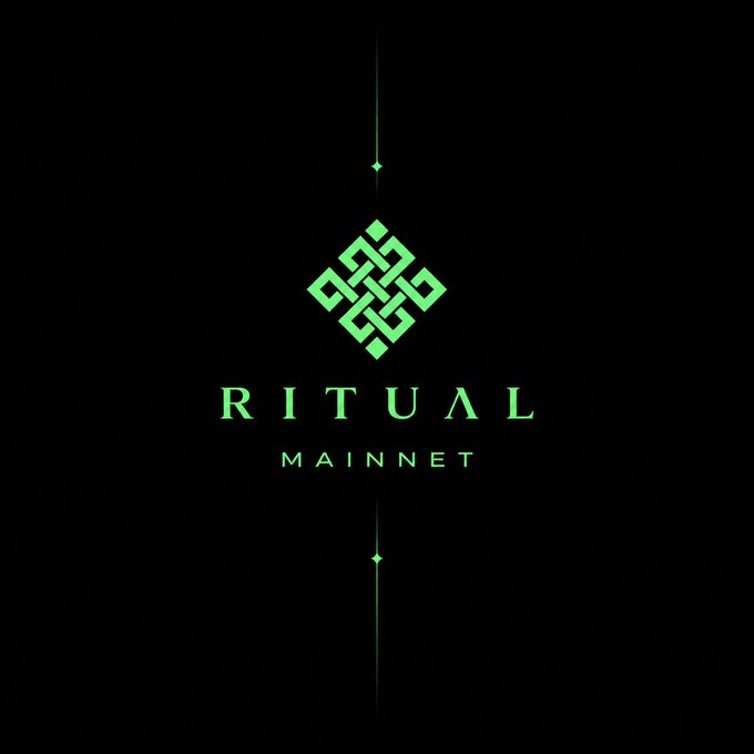 Logo for 'RITUAL MAINNET' in green text with a diamond-shaped Celtic-style emblem on a black background.