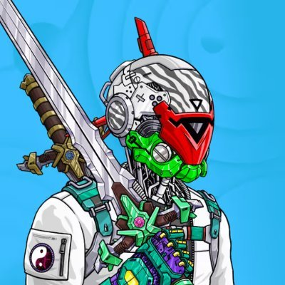 Illustration of a cyberpunk-style cyborg with a green lower face, red mechanical visor, white helmet with horns, wielding a large sword, set against a light blue background.