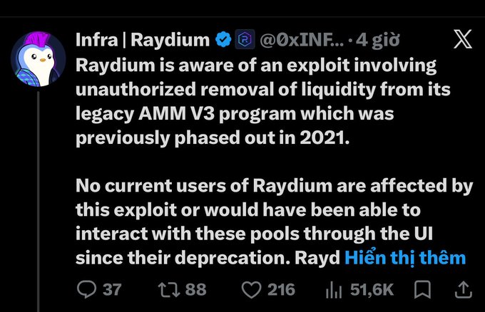 The image features an infographic on Twitter that discusses a recent incident involving a cryptocurrency called "Raydium" which has lost $1.34 million to a "Ghost". The post includes text stating that the vulnerability occurred because the attacker didn't compromise private keys, seize admin control or exploit any of Raydium's current products.