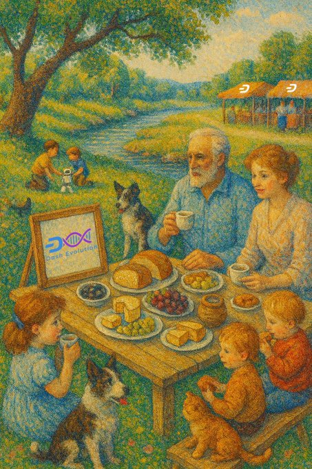 A Pointillist-style painting of a family having a picnic in a field, with a 'DG DOGE Evolution' sign replacing the classic A Revolution advertisement.