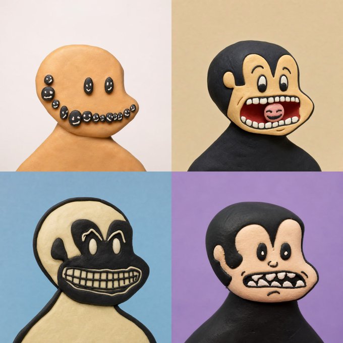 Four clay/sculpted character figures with exaggerated cartoonish expressions against different colored backgrounds.