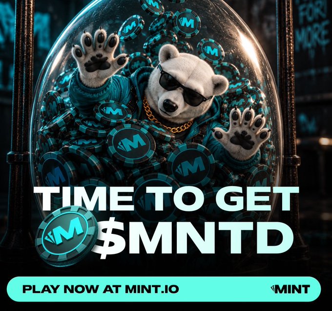 A promotional advertisement for a crypto token features a white bear in sunglasses trapped in a snow globe filled with coins, with text reading 'TIME TO GET $MNTD' and 'PLAY NOW AT MINT.IO'.