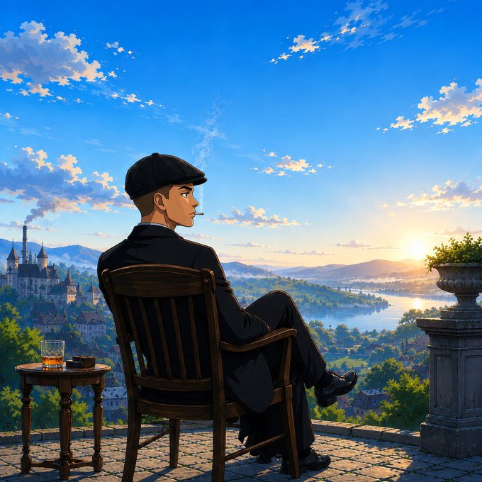An anime-style illustration of a man in a black suit and flat cap sitting in a wooden chair on a stone terrace, overlooking a scenic valley with a castle and river at sunset, with a glass of whiskey on a side table.