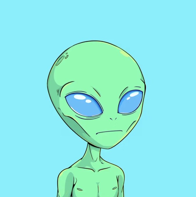 A simple digital drawing of a green alien character with large, expressive blue eyes and a small mouth, set against a solid light blue background.
