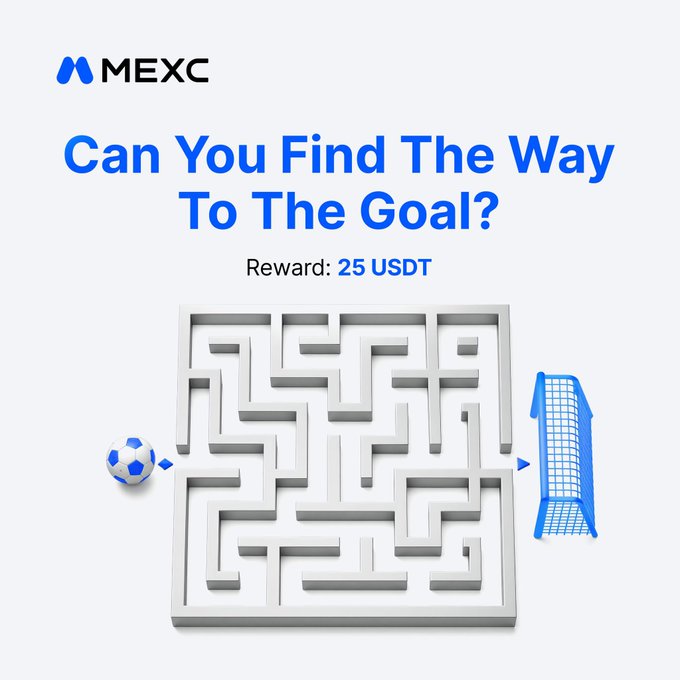 A MEXC-branded maze challenge where participants guide a soccer ball from the left to a blue goal on the right, offering a 25 USDT reward and using #MEXCKickoffFest to tie into the World Cup-themed engagement.