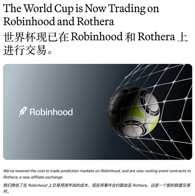 The image features a soccer ball being shot by a net at the bottom right corner. The text "Robinhood" appears above the soccer ball, while "Rothera" can be seen below it. The background of the image is dark blue with white text that reads "The World Cup is now trading on Robinhood and Rothera".