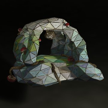 The image features a 3D rendering of a sculpture made from small, colorful geometric shapes that resemble a hat or a piece of clothing. The sculpture has a unique design with a pointed top and a round bottom, giving it an interesting and eye-catching appearance. The colors used in the sculpture are predominantly blue, green, and red, which adds to its visual appeal. The image also contains text that reads "GN I'd like to invite you to take a look at this sculptural Textile of mine in the 3D viewer on @objktcom".