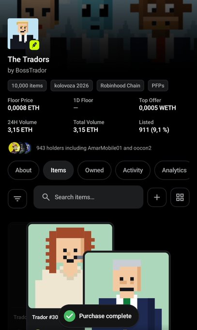 A screenshot of an NFT collection page for "The Tradors" by BossTrador on the Robinhood Chain shows a successful purchase confirmation, with a "Purchase complete" notification at the bottom indicating Trador #30 was acquired. The collection stats display a floor price of 0.0008 ETH, top offer of 0.0005 WETH, 911 listed items, and 943 holders—aligning with the post about sweeping items from this trending pixel-art trader collection.