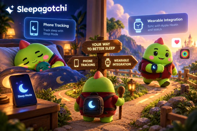 A promotional graphic for 'Sleepagotchi' features cute green cartoon characters in a fantasy setting, highlighting 'Phone Tracking' with Sleep Mode and 'Wearable Integration' with Apple Health and Watch.