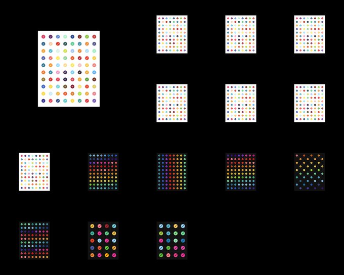A collection of colorful sticker sheets is displayed, featuring rows of small smiley faces and various icons arranged in grids on white and dark backgrounds.