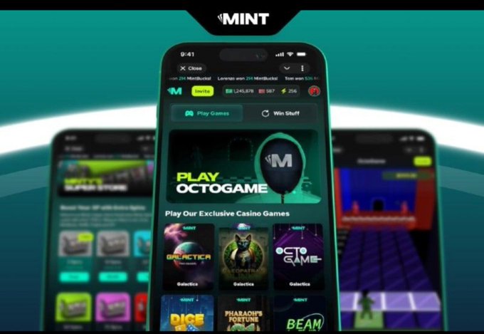 A promotional graphic displays three smartphones showing an app interface with 'MINT' branding, featuring a 'PLAY OCTOGAME' casino section highlighting games like 'GALACTICA' and 'PHARAOH'S FORTUNE'.
